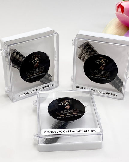 Set de extensii gene 5D premium de la Ladies on the Lash în cutii transparente, ideale pentru un look voluminos.